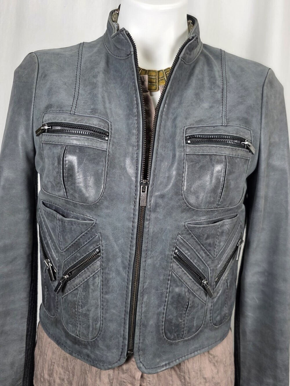 Baddie Gray Genuine Leather Moto Jacket – Edgy Luxe Designer Jacket S Biker